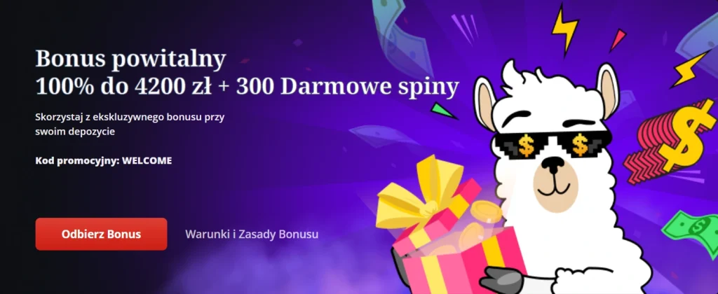 LamaBet Casino bonus banner: 100% up to 4200 zł + 300 free spins