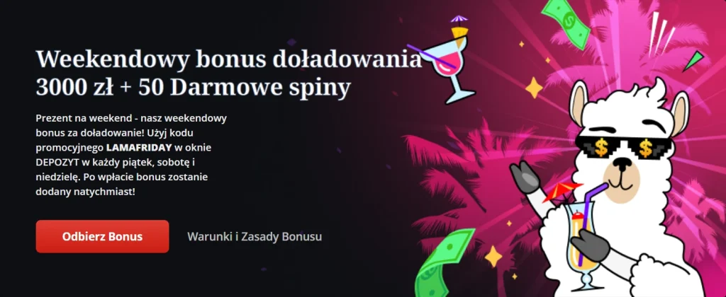LamaBet Casino weekend bonus banner: 3000 zł + 50 free spins