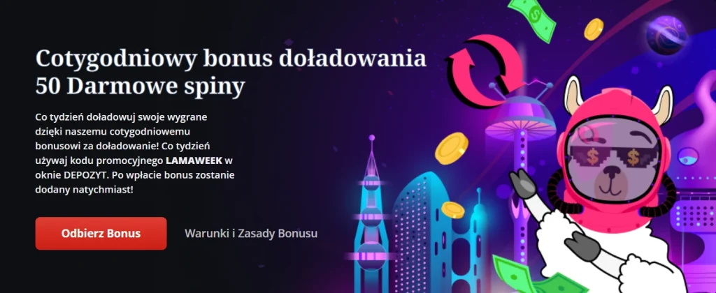LamaBet Casino 50 free spins weekly bonus banner with promo code