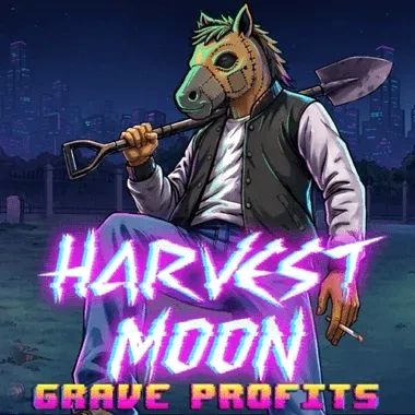 Horse mask figure with shovel, "Harvest Moon Grave Profits" text