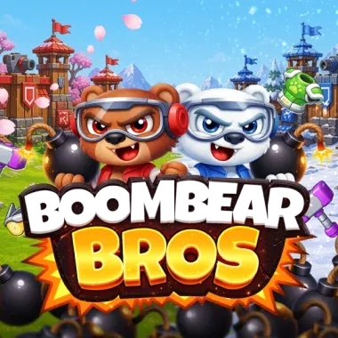 BoomBear Bros game art with two cartoon bears, bombs, and castles