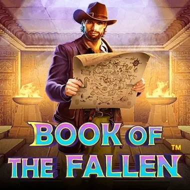 Book of the Fallen slot game with explorer holding map in ancient temple